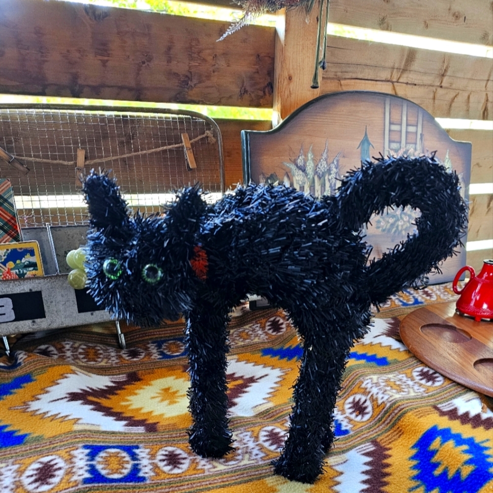 Vintage Tinsel Black Cat Halloween Decor Party Prop